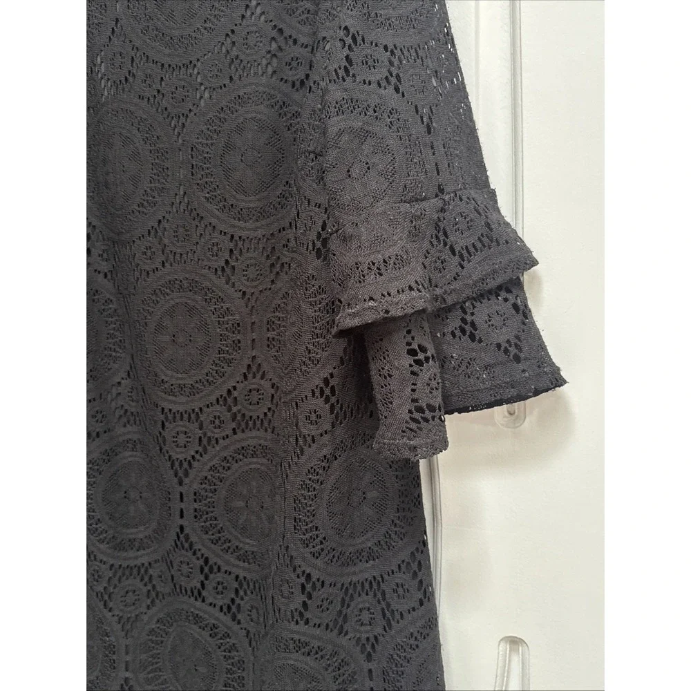 Tacera Women‎ Size M 3/4 Ruffled Bell Sleeve Black Floral Lace Shift Mini Dress
